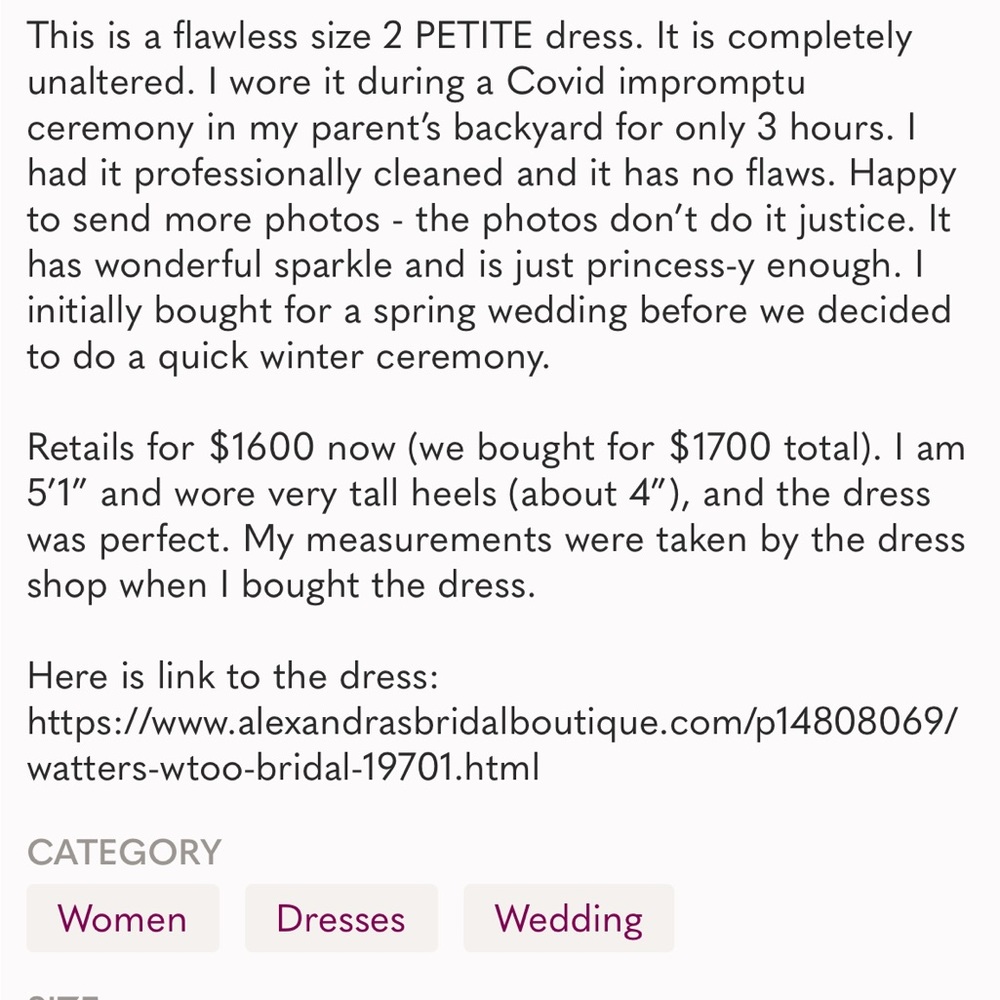 WTOO BY WATTERS Jura Wedding Dress Bridal Gown Size 2 (2P Petite) White Beaded - Picture 11 of 11